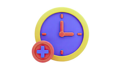3D Clock Icon with Plus Sign on transparent background