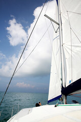 Obraz premium Sailboat with White Sails on Open Ocean