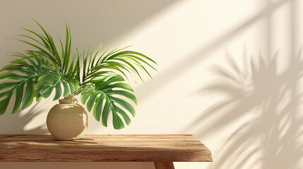 Tropical leaves in a woven vase on a wooden table.