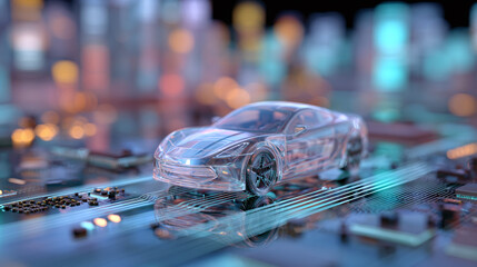 Futuristic transparent car on circuit board,blurred city background.