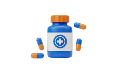 3D illustration of blue pill bottle with orange and blue capsules on transparent background