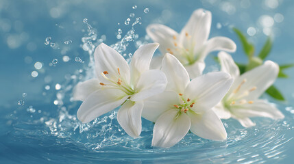 White lilies in clear water,with water droplets splashing.