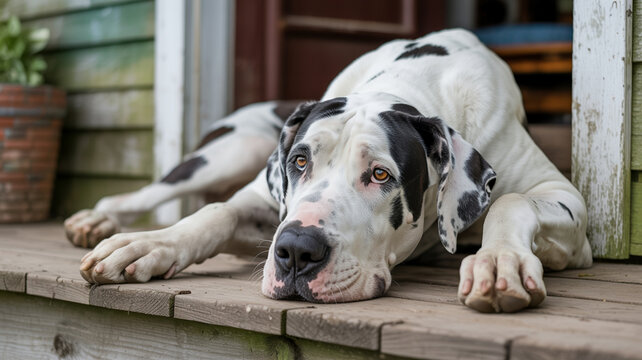 Gefleckte Deutsche Dogge Harlekin liegt entspannt auf einer rustikalen Holzveranda
