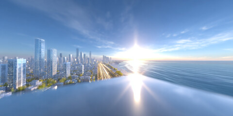 A coastal city skyline under a bright,sunny sky.