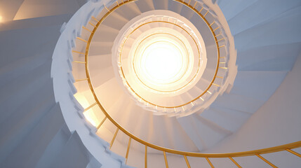 A spiraling staircase with golden railings and bright light.