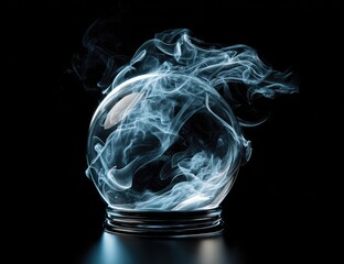Mystical crystal ball with glowing smoke against black background