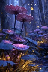 Mystical forest scene with glowing mushrooms and ethereal light