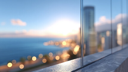 City skyline view through a glass window at sunset.