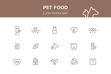Pet food, set of line icons. Veterinary, dog and cat care. Pet linear icons. High quality nutritional supplements and vitamins in pet food. Animal healthcare pictograms.