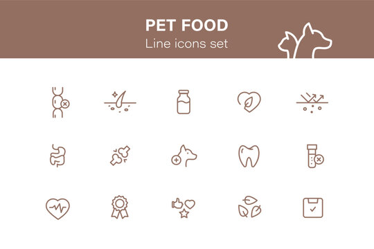 Pet food, set of line icons. Veterinary, dog and cat care. Pet linear icons. High quality nutritional supplements and vitamins in pet food. Animal healthcare pictograms.