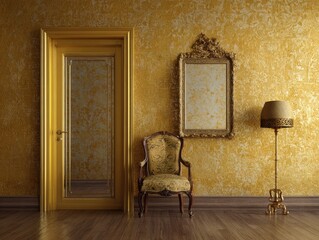 Ornate room interior with mirror chair lamp and golden walls