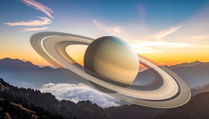 Saturns Rings Over a Mountainous Landscape at Sunset.