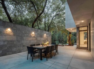 Outdoor dining area with table and chairs next to a modern building