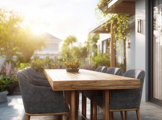 Outdoor dining scene with wooden table and chairs in sunlight