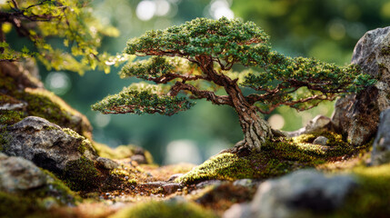 Tilt-shift photograph of an ancient bonsai tree with dense, textured green foliage and gnarled brown trunk, set among moss-covered rocks with a soft blurred background