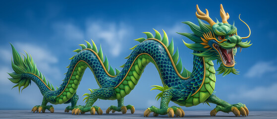 Fototapeta premium Mystical Guardian A vibrant, detailed illustration of an eastern dragon, a symbol of power and good fortune, is captured against a serene sky background.