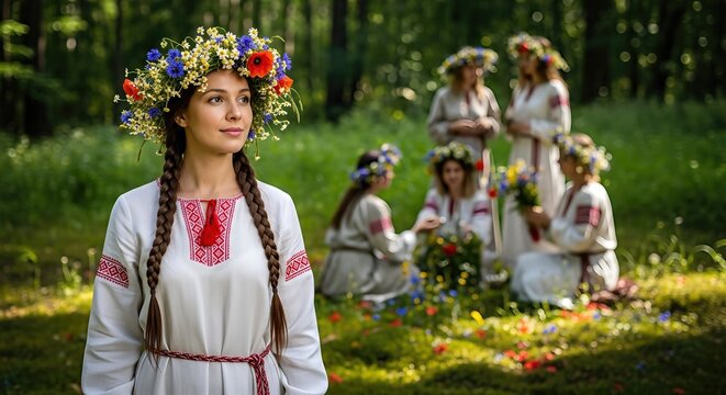 Woman in traditional attire adorned with floral crown stands in forest, surrounded by group performing ritual, celebrating nature and ancient beliefs, embodying the essence of paganism and polytheism