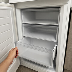 Open Modern Freezer Interior Inspection Clean Empty Drawers Kitchen Hygiene Concept