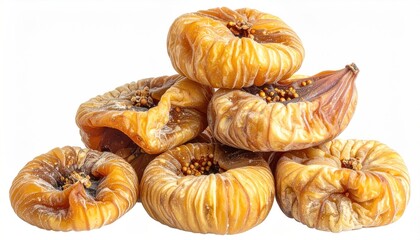 A close-up of a stack of dried, textured fruit with internal seeds