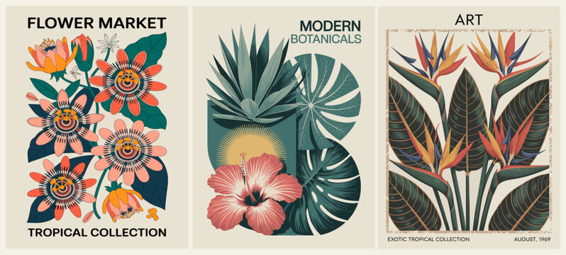 A modern botanical triptych featuring passion flower, hibiscus, and strelitzia in a vintage mid-century modern style with bold tropical colors and clean geometry.