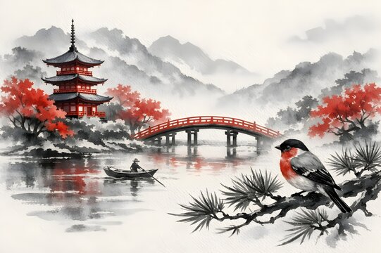Traditional Japanese Sumi-e Ink Wash Painting of Pagoda and Red Bridge in Misty Mountain Landscape