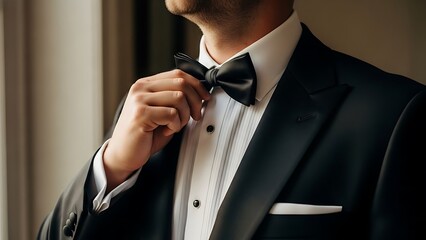 Man fixing his black bow tie while wearing a tuxedo indoors
