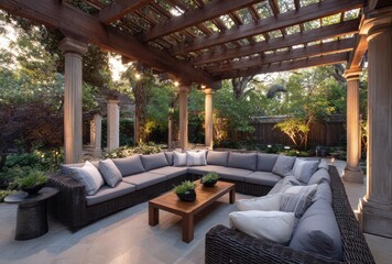Outdoor lounge area with pergola and comfortable seating arrangement