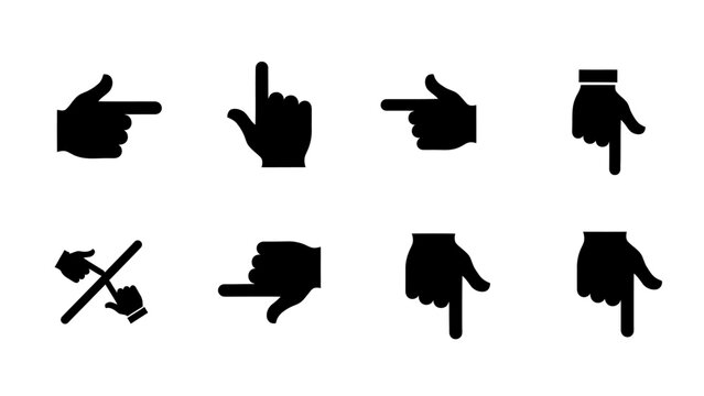 Set of black hand cursor icons pointing in different directions on white background.