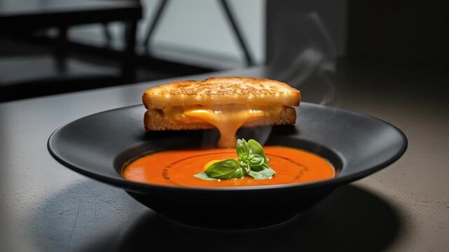 Gourmet tomato bisque soup in black bowl with grilled cheese sandwich on dark restaurant table, classic comfort food lunch meal.