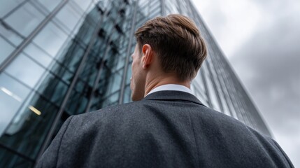 A stylish man stands confidently in a dark jacket, gazing upward at the sleek glass facade of a contemporary building under a dramatic sky. His presence adds elegance to the urban scene