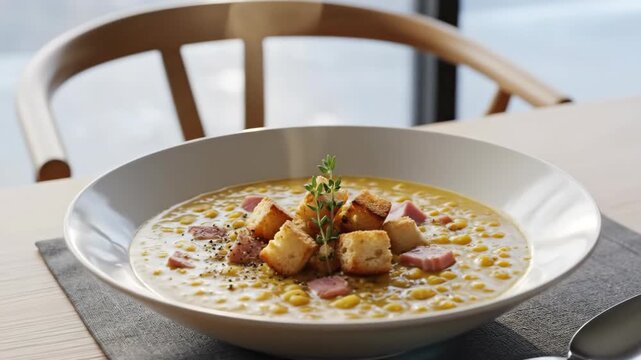 Bowl of traditional french canadian split pea soup with ham and croutons on wooden table, served with spoon for hearty lunch.