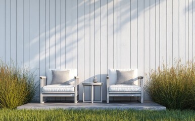 Outdoor seating area with two chairs and small table against white wall