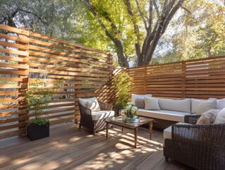 Outdoor patio with wooden fence seating and natural sunlight