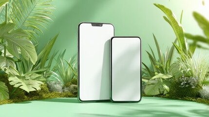 Dual smartphones on a lush green botanical backdrop with white screens