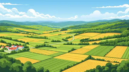 Fototapete Pol Serene vector illustration of a landscape with fields, trees, and a house in the distance, showcasing a vibrant countryside scene from an aerial viewpoint  © PDWN Creative