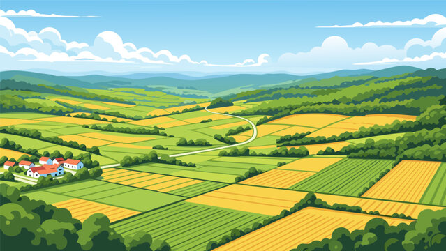 Serene vector illustration of a landscape with fields, trees, and a house in the distance, showcasing a vibrant countryside scene from an aerial viewpoint