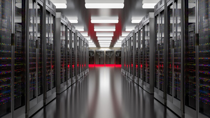 Server. Server data center. Backup, mining, hosting, mainframe, farm and computer rack with storage information. 3d rendering