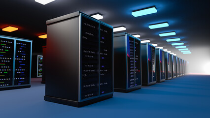 Server. Server data center. Backup, mining, hosting, mainframe, farm and computer rack with storage information. 3d rendering