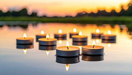 Floating candles illuminate calm water during a sunset