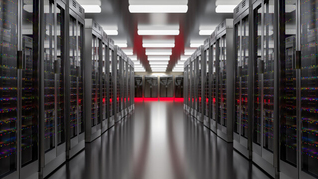 Server. Server data center. Backup, mining, hosting, mainframe, farm and computer rack with storage information. 3d rendering
