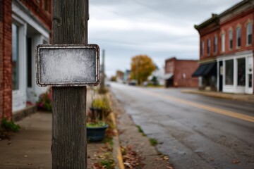 Empty American street scene featuring an unmarked street name sign against brick storefronts