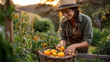 Smiling young woman harvesting fresh yellow tomatoes into a wicker basket in a garden at sunset, organic farming and sustainable lifestyle for healthy living