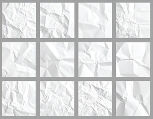 A grid of twelve square sheets of crumpled white paper on a gray backdrop