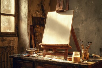 Empty canvas on a wooden easel in a retro-toned artist studio with brushes and warm light