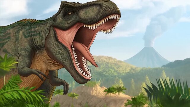 Dinosaur Hunts Fiercely, Tyrannosaurus Rex Surveys Territory Amid Erupting Volcano And Lush Plants