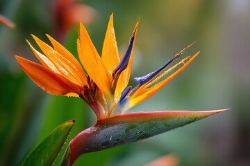 Exotic tropical blossom featuring orange sepals and electric blue tongue petals