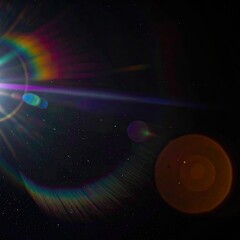 Bright light bursts with rainbow hues against a dark, speckled background