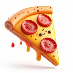 Cartoon pizza slice with pepperoni smiling, cheese melting, isolated