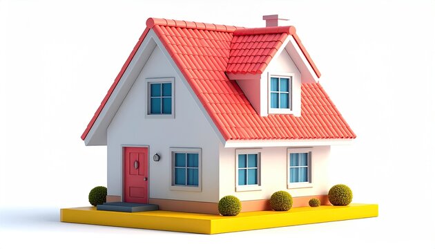 Cartoon-style house with red roof, white walls, and bright details