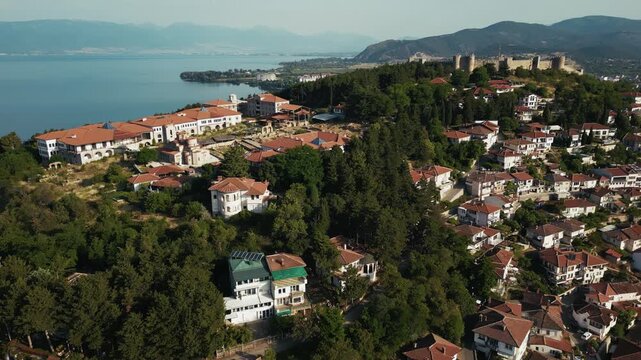 Residential houses and mansions on the hills, Ohrid City on the lake, 4k